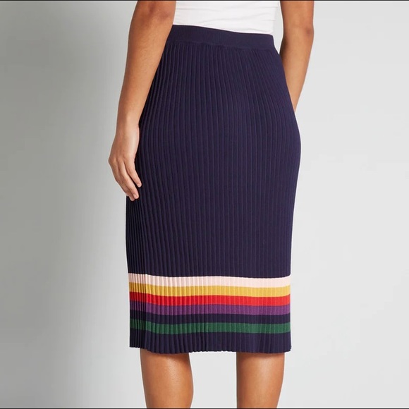 ModCloth Spirited Spectrum Navy Knit Skirt With Rainbow Stripes Medium - Picture 2 of 7